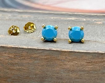 Gold Turquoise Small Cubic Zirconia Studs, Dainty Round Second Piercing Earrings