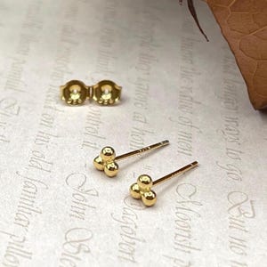 Tiny Three Ball Gold Stud Earrings, Small Minimalist Stacking Jewelry