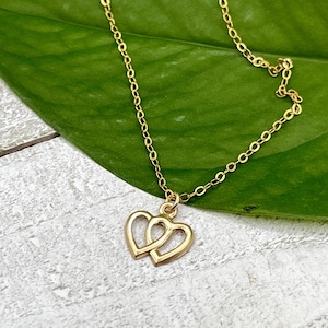 Interlocking Two Linked Hearts Gold Necklace, Minimalist Double Heart Love Anniversary Mother Daughter Pendant Wedding Delicate Bridal