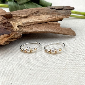 Small Gold Silver Beaded Hoop Earrings, Dainty Delicate Mixed Metal Earrings, Two Tone Earrings, Minimalist Everyday Hoops, Small Charm Hoop
