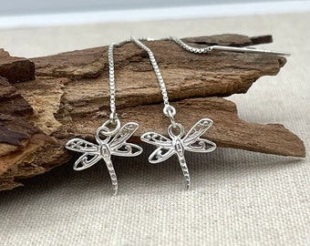 Sterling Silver Dragonfly Charm Threader Earrings, Long Chain Cute Earrings, Dragonfly Bug Insect Animal Modern Trendy Jewelry