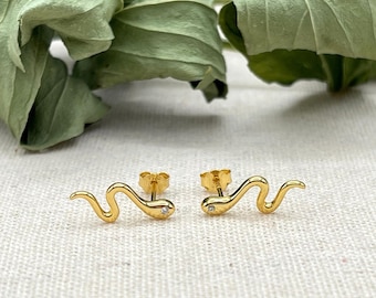 Gold Snake Stud Earrings, Sterling Silver Serpent with Cubic Zirconia