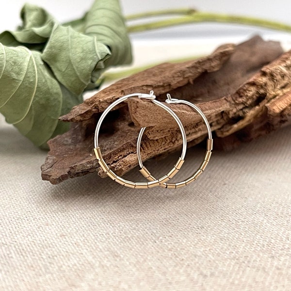 Mixed Metal Hoop Earrings, Two Tone Earrings, Silver Gold Earrings, Delicate Charm Hoops, Minimalist Hoops, Dainty Earrings, Simple Hoops