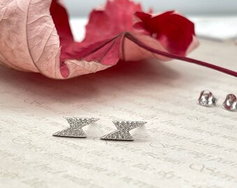 Tiny Lightning Stud Earrings, Light Bolt Sterling Silver CZ Studs, Small Dainty Second Hole Zirconia Stud, Minimalist Flash Everyday Earring