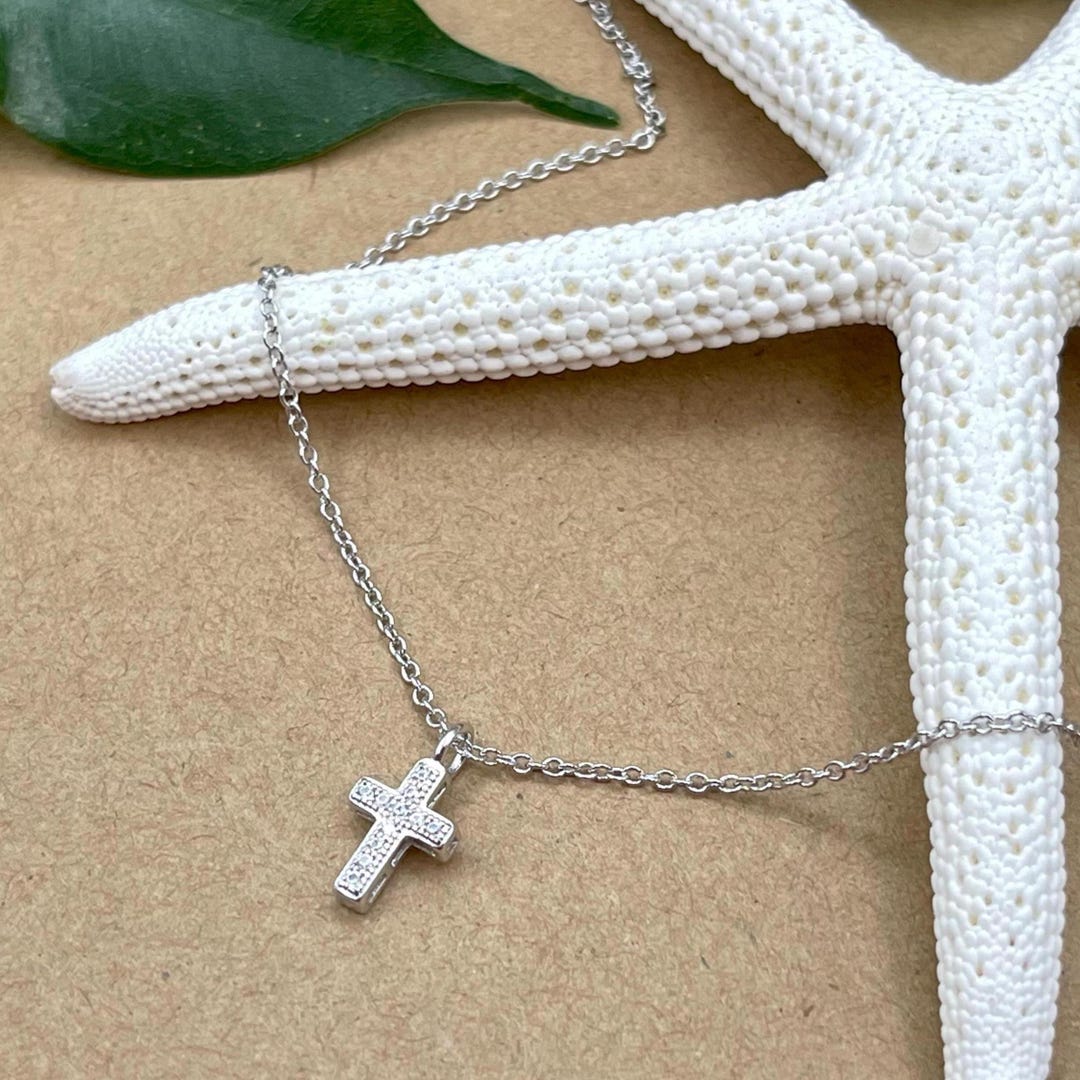 Small Silver Cross Necklace, Tiny Pave CZ Cross Chain, Dainty Catholic ...