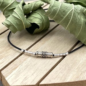 Sterling Silver Beaded Black Leather Cord Bracelet, Delicate Thin Unisex Boho Bracelet, Dainty Bohemian Layered Stacking Men Bracelet