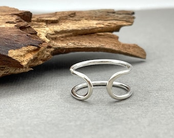 Sterling Silver Double Line Ring, Adjustable Thumb Ring, Minimalist Ring, Modern Open Ring, Dainty Delicate Ring, Stacking Statement Ring