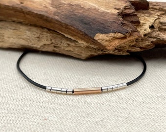 Black Leather Cord Bracelet, Rose Gold Silver Delicate Bar Bracelet, Mixed Metal Minimalist Layering Men Bracelet, Two Tone Dainty Thin