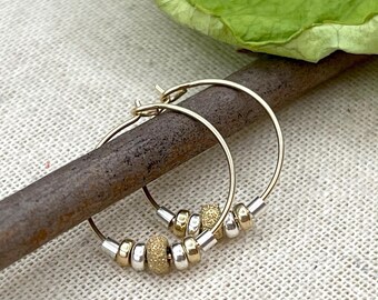 Two Tone Gold Silver Beaded Hoop Earrings: Dainty Mixed Metal Charm