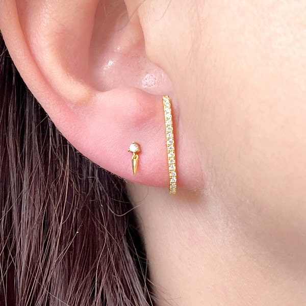 Ear Lobe CZ Cuff Earrings, Simple Bar Stud Earrings, Gold Silver Lobe Ear Cuff, Cuff Stud Earrings, Thin Line Minimalist Earrings