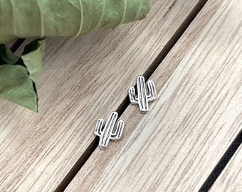 Small Cactus Stud Earrings, Silver Plant Jewelry, Minimalist Second Hole Dainty Stud, Cute Desert Funny Dainty Simple Everyday Earrings