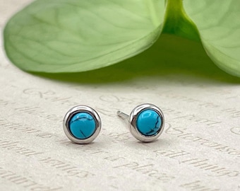 Small Blue Turquoise Stud Earrings, Round Minimalist Stacking Tiny Earrings, December Birthstone Birthday Gift