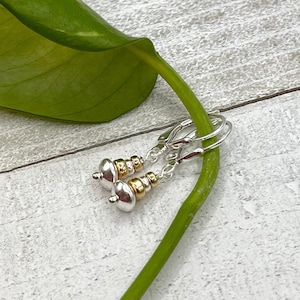 Gold Silver Small Dangle Bar Earrings, Mixed Metal Drop Earrings, Two Tone Minimalist Leverback Earrings, Delicate Lightweight Earrings