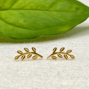 Gold Leaf Ear Crawler Stud Earrings, Silver Olive Branch Ear Climber, Nature Tree Minimalist Delicate Pin Earrings, Ear Jacket stu41