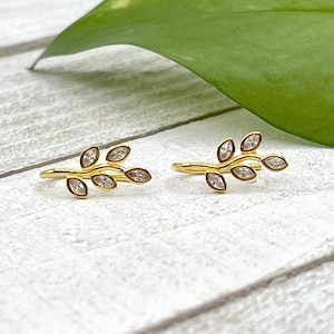 Gold Plated Leaf CZ Ear Crawler Earrings, Silver Nature Branch Cubic Zirconia Minimalist Delicate Ear Climber Pin Earrings stud115