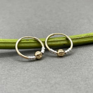 Small Mixed Metal Beaded Endless Huggie Hoops, Two Tone Gold Silver Small Earrings