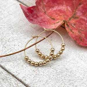 Gold Beaded Thin Hoop Earrings, Delicate Ball Charm Minimalist Hoops, Dainty Everyday Small Earrings, Everyday Gold Filled Small Hoops