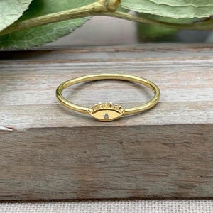 Small Gold Evil Eye Ring, Minimalist Thin Protection Ring, Cubic Zirconia Stackable Ring, Dainty Tiny Delicate Boho Everyday Ring