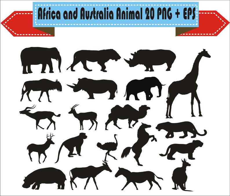 Africa Australia Lion Elephant Horse Animal Silhouette Vector Clipart PNG EPS SVG Digital Files Scrapbook Supplies Clip Art Instant Download