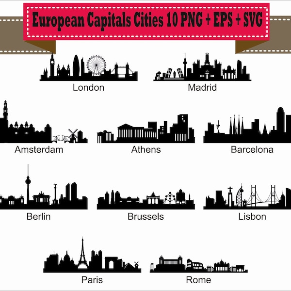 Europa-Hauptstadt London Paris Rom Silhouette Vektor Clipart PNG EPS SVG digitale Dateien Scrapbook liefert Clip Art Instant Download