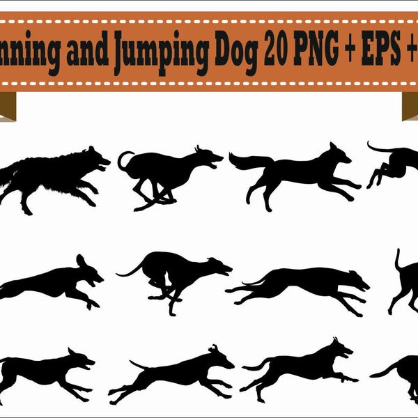 Courir et sauter chien chiens chiot animaux formation Pack Silhouette vecteur Clipart PNG SVG EPS fichiers numériques Scrapbook fournitures Instant Télécharger