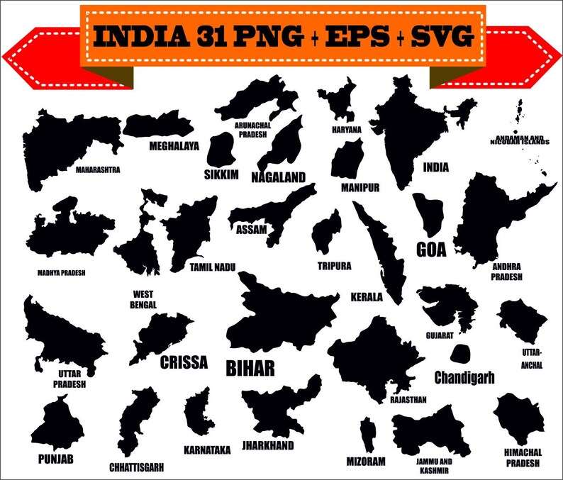 India Bihar States Goa Maharashtra Rajasthan Silhouette Vector Clipart PNG EPS Digital Files Scrapbook Supplies Clip Art Instant Download