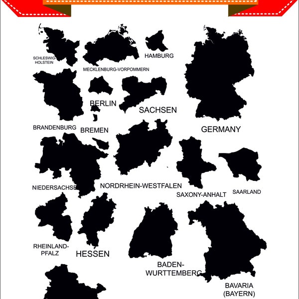 Germany Berlin Bavaria Bayren Saxony State Map Silhouette Vector Clipart PNG EPS Digital Files Scrapbook Supplies Clip Art Instant Download