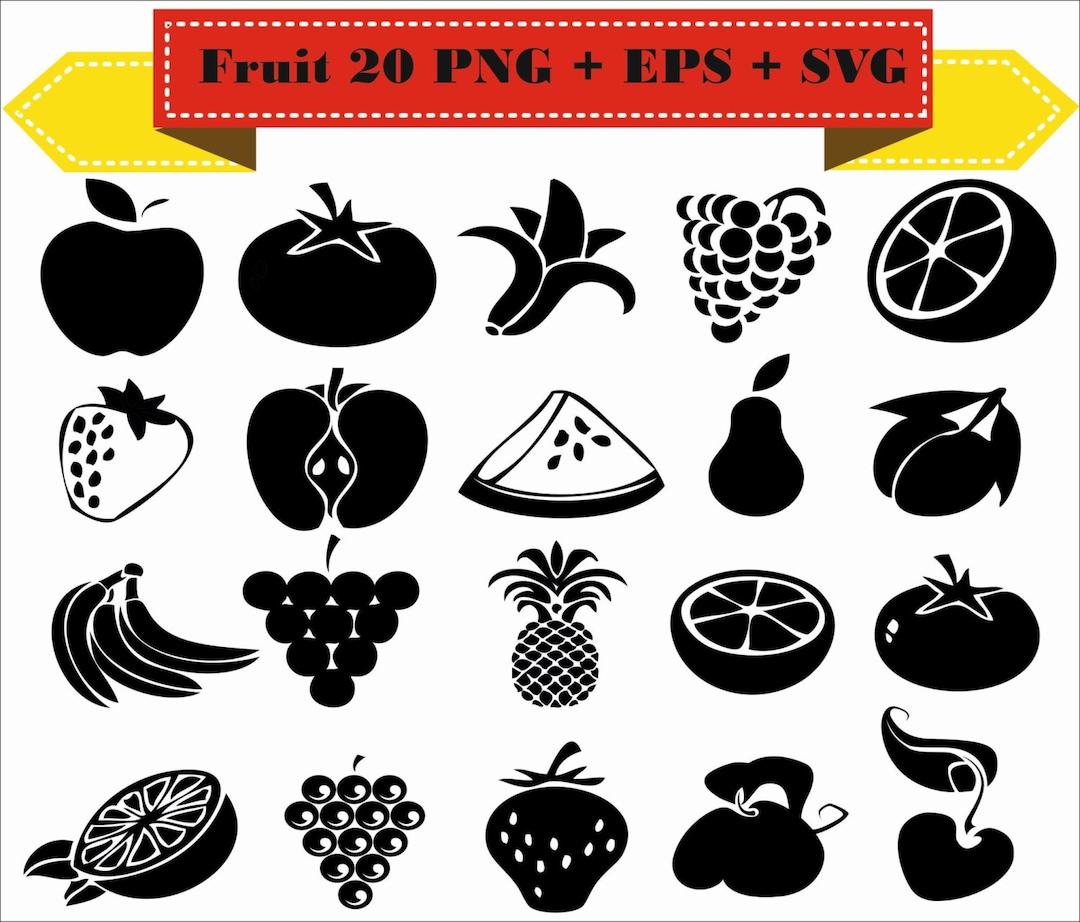 Fruit Apple Banana Orange Grapes Tomatoes Strawberry Silhouette Vector ...