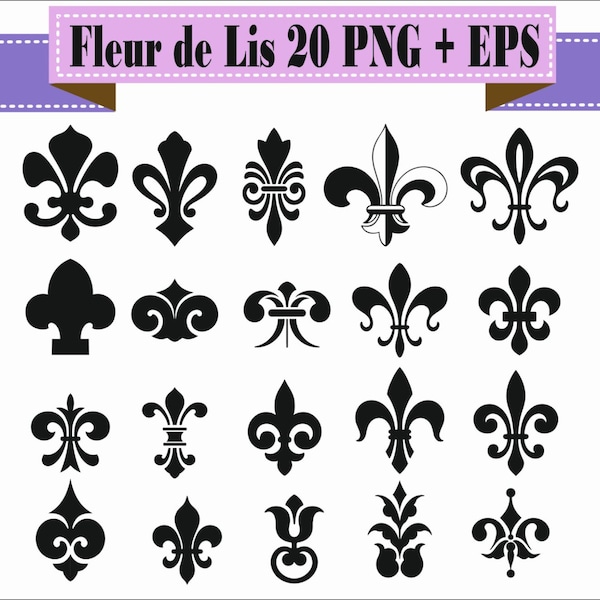 Fleur De Lis French Antique Vintage Motif Shapes Pack Silhouette Vector Clipart PNG EPS Digital Files Scrapbook Supplies Instant Download