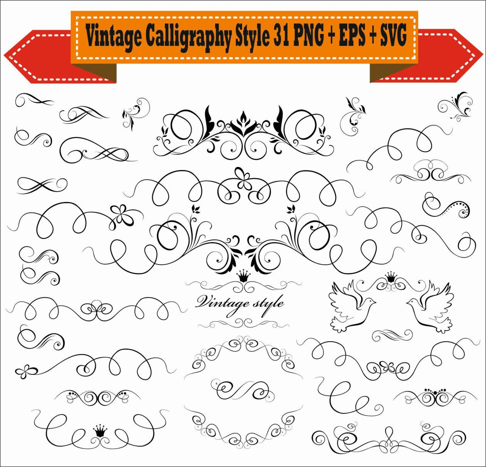 Vintage Calligraphy Style Frame Border Corner Vector Clipart PNG EPS