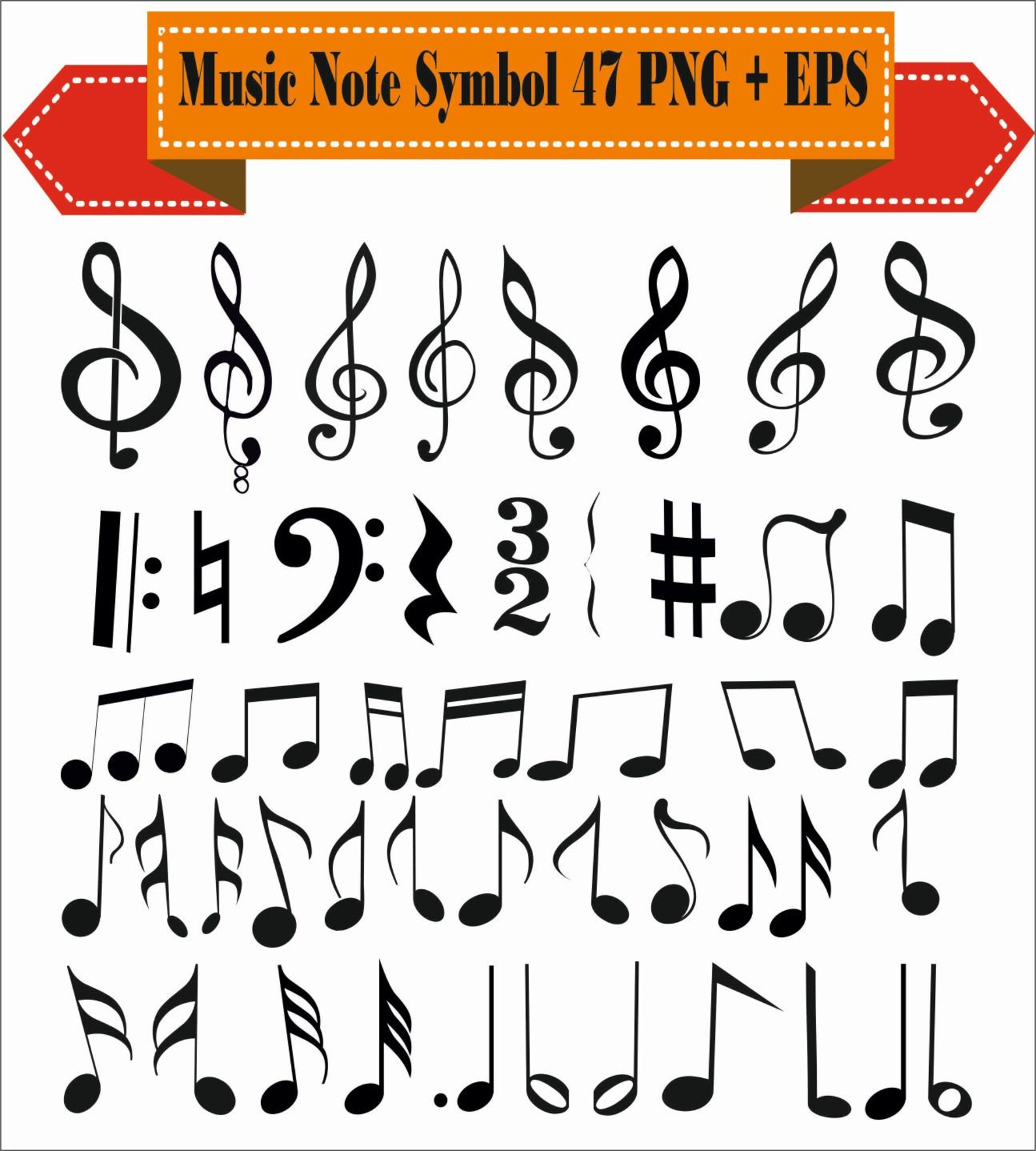 Music Note Sol Key Sheet Symbols Vintage Motif Pack Silhouette Vector