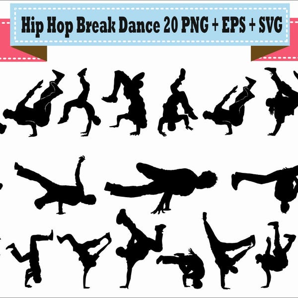 Hip Hop Break Breakdance Rap Old School Dance People Pack Silhouette Vector Clipart PNG EPS Digital File Scrapbook Supplies Instant Download