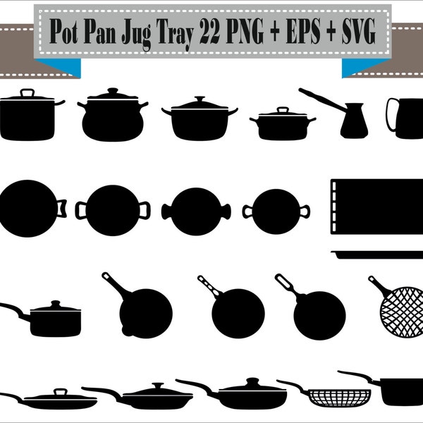 Pot Pan Jug Tray Cooking Cook Food Kitchen Silhouette Vector Clipart PNG EPS Set Digital Files Scrapbook Supplies Clip Art Instant Download