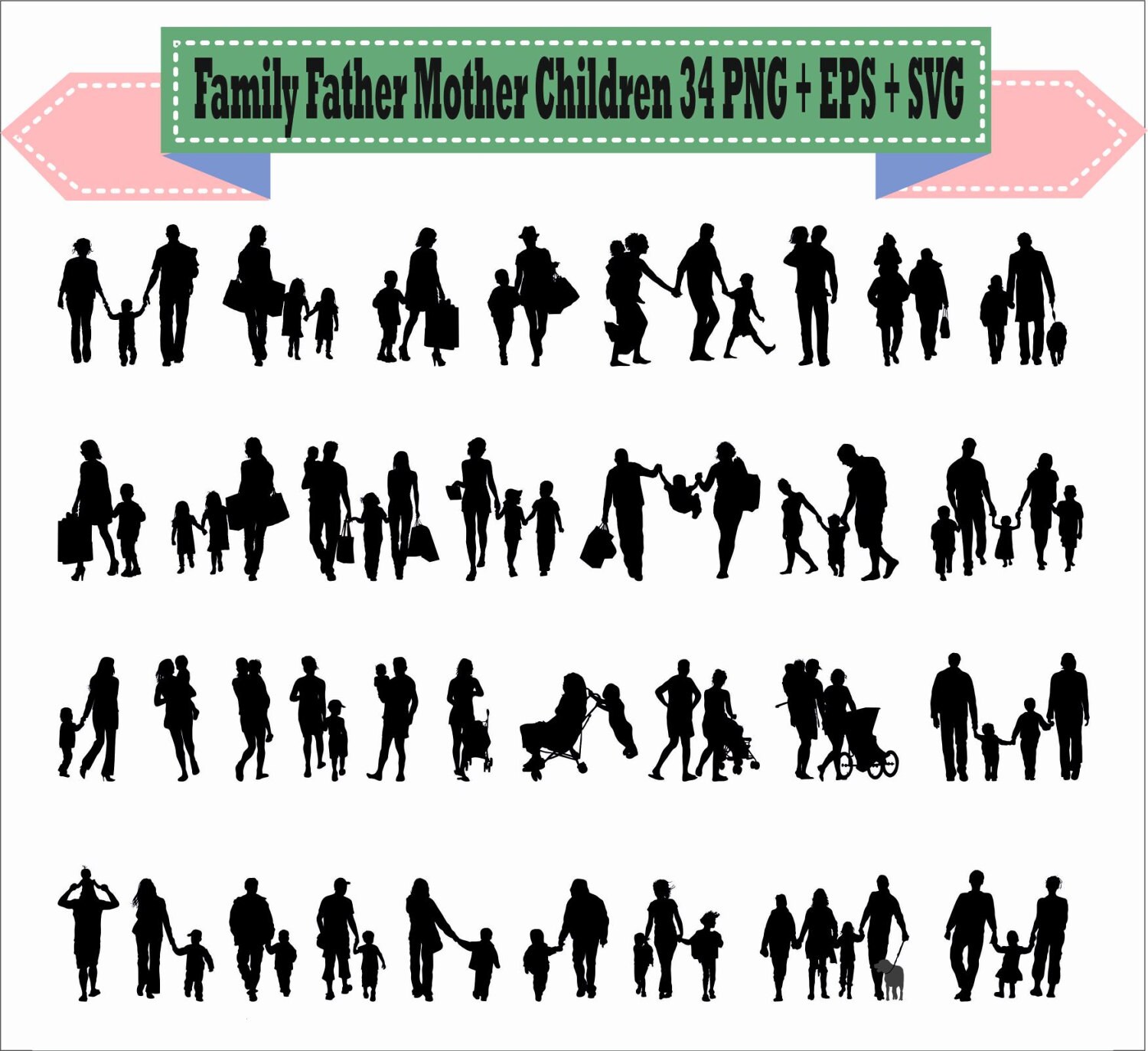 Family Father Mother Children Baby Girl Boy Daughter Pack Silhouette ...