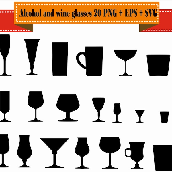 Alcohol And Wine Glasses Beer Liquor Silhouette Vector Clipart PNG EPS Set Digital Files Scrapbook Supplies Clip Art Instant Download