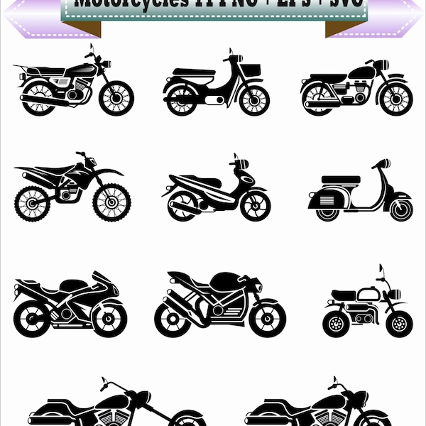 Motorcycles Bike Harley Davidson Chopper Silhouette Vector Clipart PNG EPS Set Digital Files Scrapbook Supplies Clip Art Instant Download