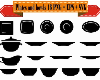 Plate Bowl Cup Pot Pewter Dish Plateful Pan Silhouette Vector Clipart PNG EPS Set Digital Files Scrapbook Supplies Clip Art Instant Download