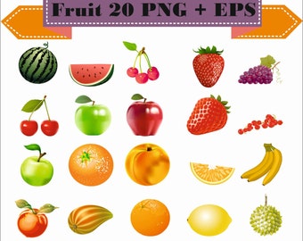 Fruit Apple Banana Orange Grapes Watermelon Cherry Lemon Strawberry Vector Clipart PNG EPS Digital Files Scrapbook Supplies Instant Download