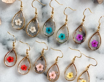 Teardrop Flower Earrings, Boho dried flower earring, Pressed flower jewelry