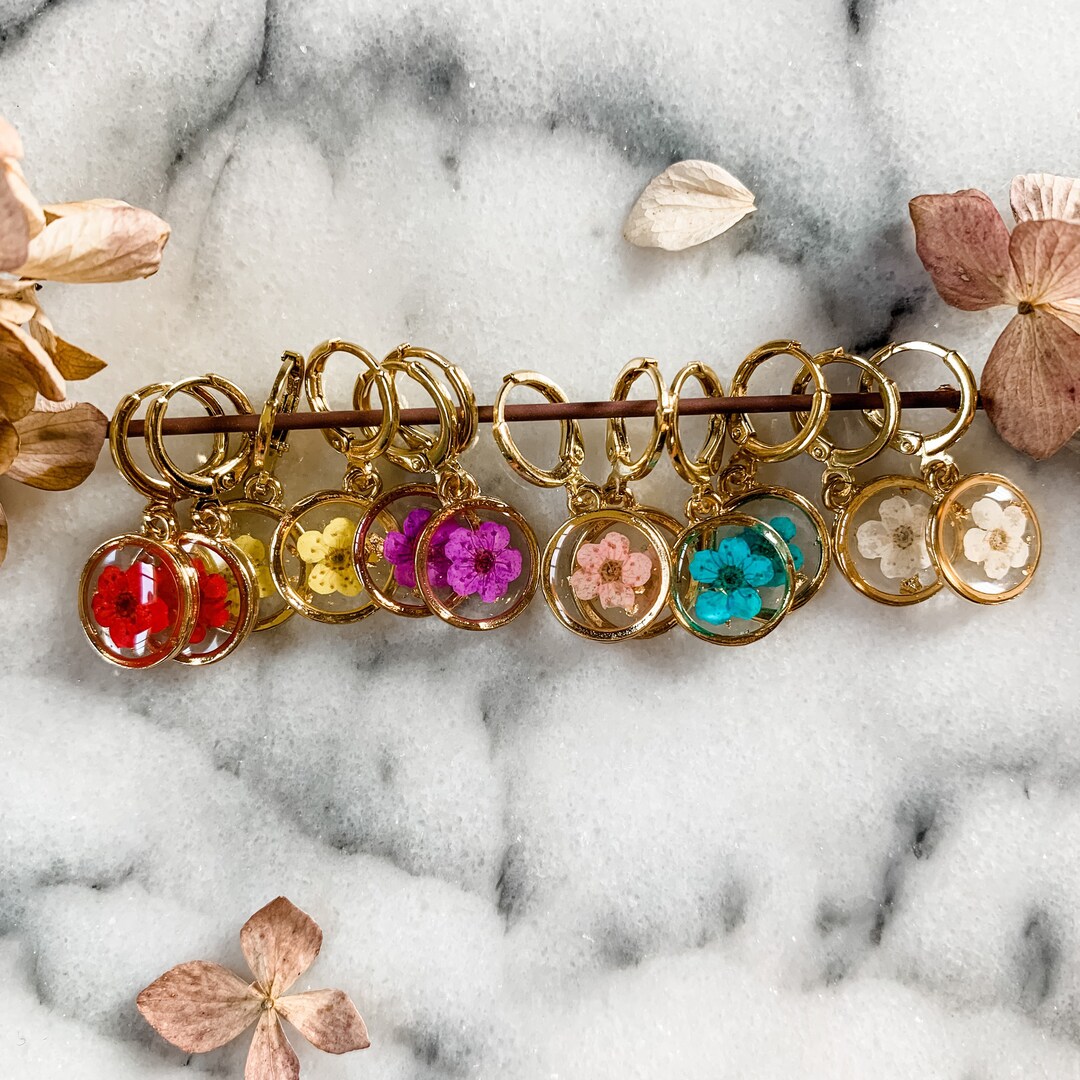 Pressed Flower Huggie Hoop Earrings Mini Dried Flower Etsy