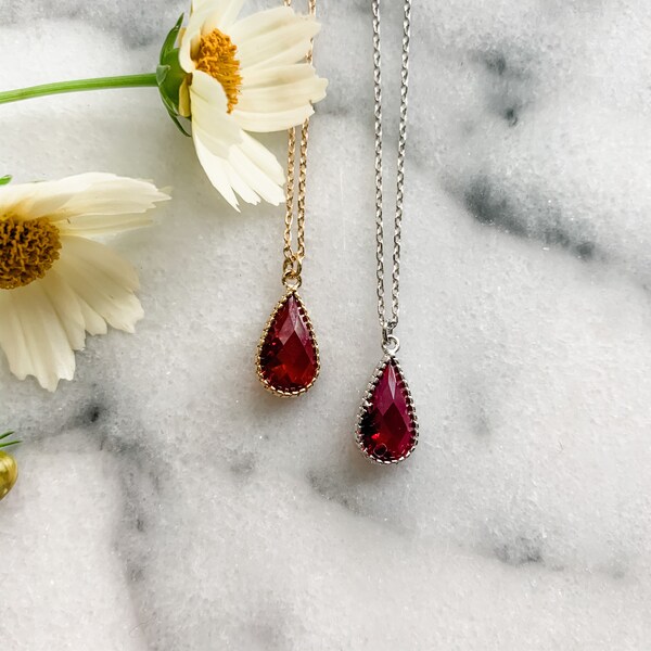 Garnet Necklace - Teardrop Necklace - January Birthstone Necklace - Birthday Gifts for Her