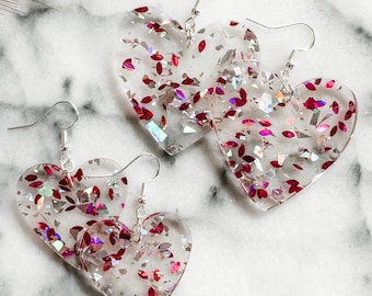 Acrylic Heart Earrings, Pink Confetti