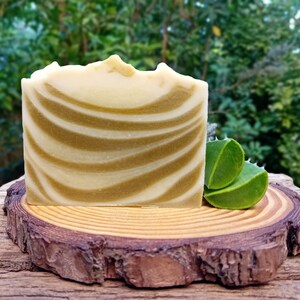 Puede incluir: Una barra de jab&oacute;n artesanal con remolinos verdes y blancos, sentada sobre una rodaja de madera con dos trozos de aloe vera verde.