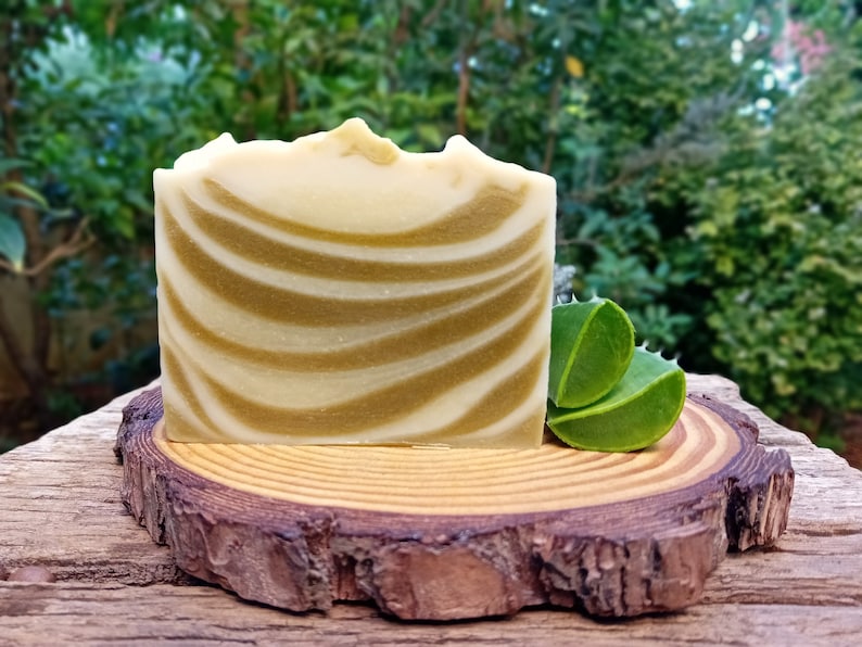 Puede incluir: Una barra de jab&oacute;n artesanal con remolinos verdes y blancos, sentada sobre una rodaja de madera con dos trozos de aloe vera verde.