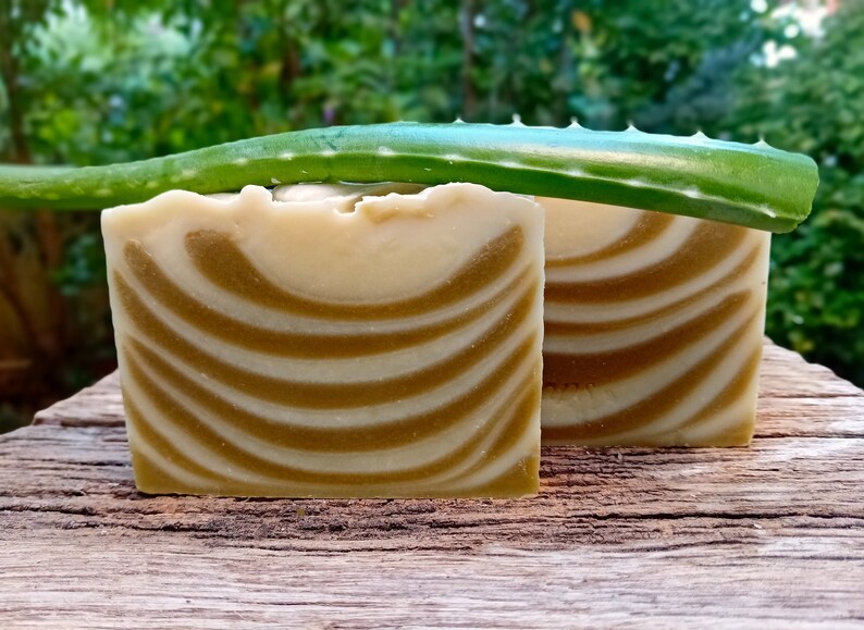 Puede incluir: Dos barras de jab&oacute;n hechas a mano con un patr&oacute;n de remolino blanco y marr&oacute;n, sentadas sobre una superficie de madera con una hoja de aloe vera verde en la parte superior.