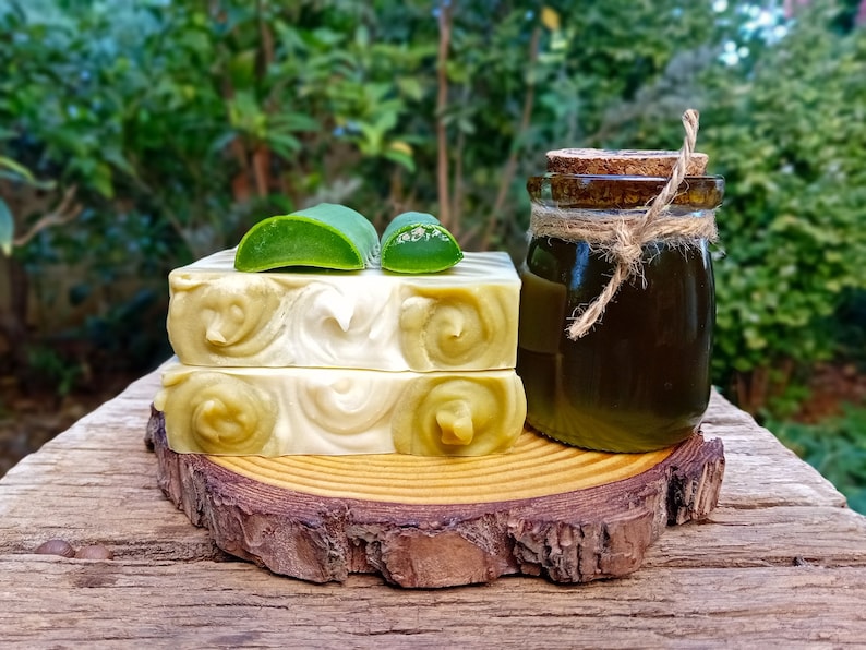 Puede incluir: Dos barras de jab&oacute;n de espiral verde y blanco sobre una rodaja de madera con un peque&ntilde;o frasco de vidrio de l&iacute;quido verde y una hoja de aloe vera verde encima del jab&oacute;n.