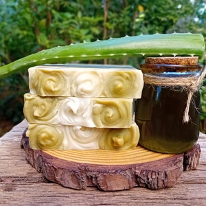 Puede incluir: Tres barras de jab&oacute;n de espiral verde y blanco apiladas sobre una rodaja de madera con un frasco de vidrio de l&iacute;quido verde y una hoja de aloe vera en la parte superior.