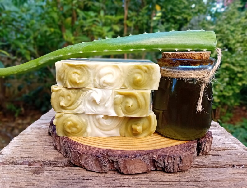 Puede incluir: Tres barras de jab&oacute;n de espiral verde y blanco apiladas sobre una rodaja de madera con un frasco de vidrio de l&iacute;quido verde y una hoja de aloe vera en la parte superior.