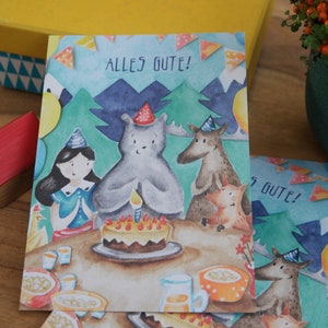 Alles Gute! Cartes postales d’anniversaire Ours x 3 - De mon aquarelle originale