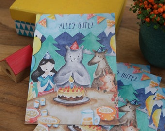 Alles Gute! Birthday Bear Postcards x 3 - From my original watercolour artwork